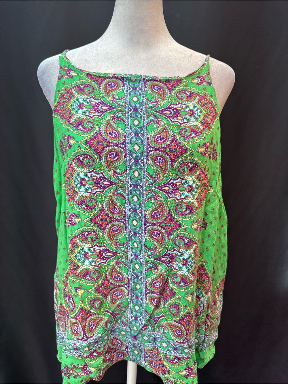 Verse Green Purple Paisley Spaghetti-Strap Tank Top L